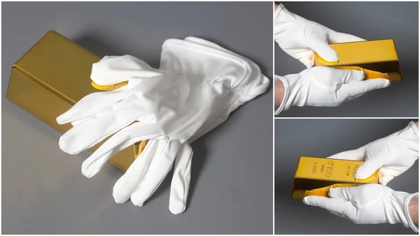 Męska dłoń w białe rękawiczki gospodarstwa kolaż złota — Zdjęcie stockowe