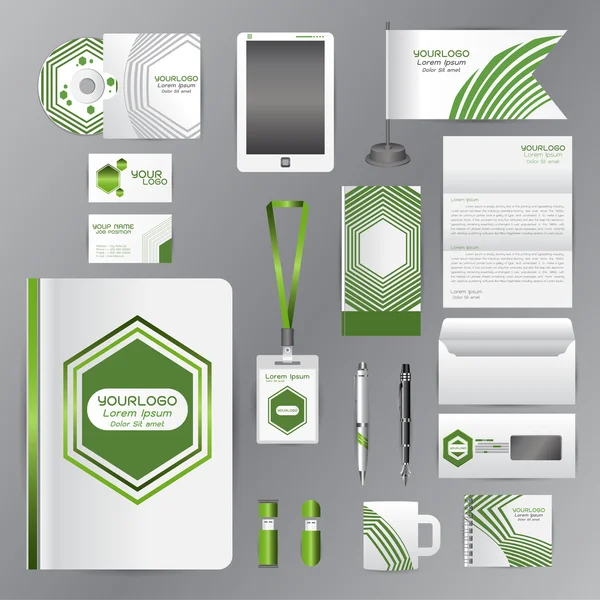 Weiße Corporate Identity Vorlage mit grünen Origami-Elementen. v — Stockvektor