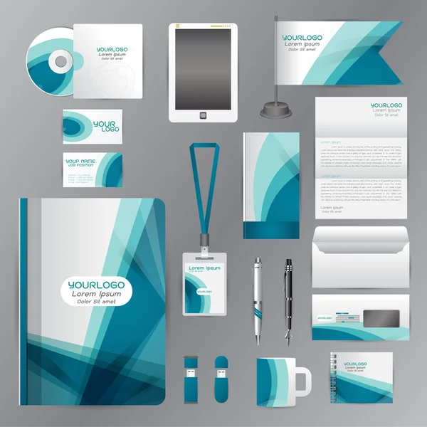 Mavi origami elemanları ile beyaz kurumsal kimlik şablonu. Ve