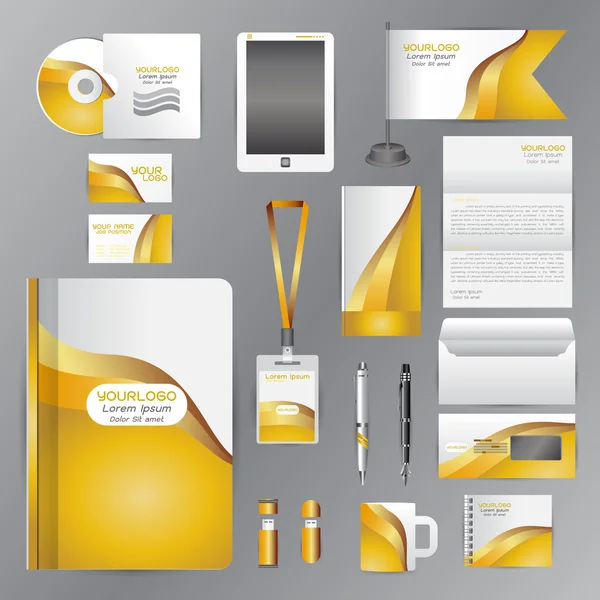 Plantilla de identidad corporativa blanca con elementos de origami amarillo . — Vector de stock