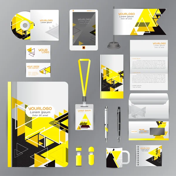Plantilla de identidad blanca con elementos de origami amarillo. Vector com — Vector de stock