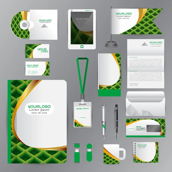 White identity template with green origami elements. Vector comp — Διανυσματικό Αρχείο