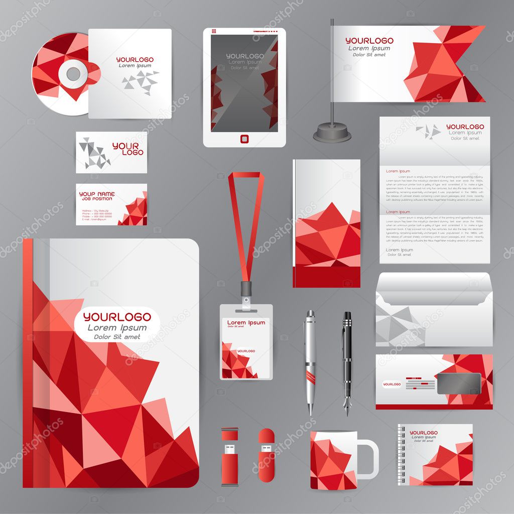 White identity template with red origami elements. Vector compan