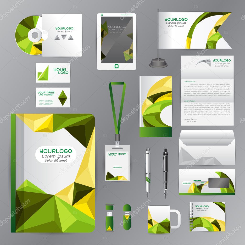 White identity template with green origami elements. Vector comp