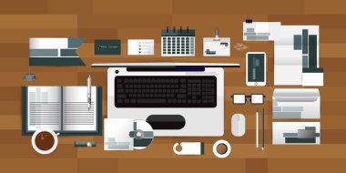 Beyaz kimlik şablon bilgisayar ile kahve takvim ta gözlük