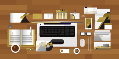 Beyaz kimlik şablon bilgisayar ile kahve takvim ta gözlük