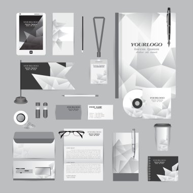 Mavi origami elemanları ile beyaz kimlik şablonu. Vektör iştigal