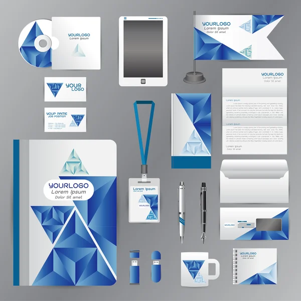 Modèle d'identité blanc avec des éléments en origami bleu. Compa vectoriel — Image vectorielle