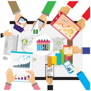 İş çalışma alanı ile insanlar el, kahve, vektör basamak