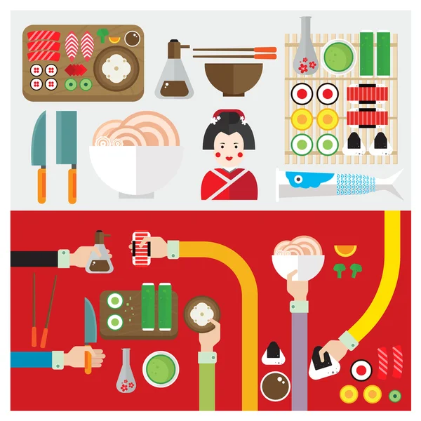 Векторный набор суши пищевые японские символы руки и руки — стоковый вектор