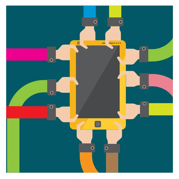 Vector Mobile phone teamwork arm and hand — ストックベクタ