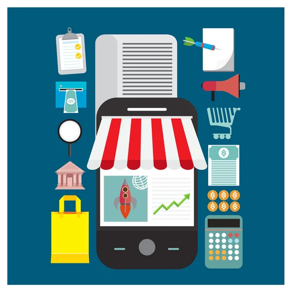Vector online winkelen winkel illustratie mobiele sparen document opslaan — Stockvector