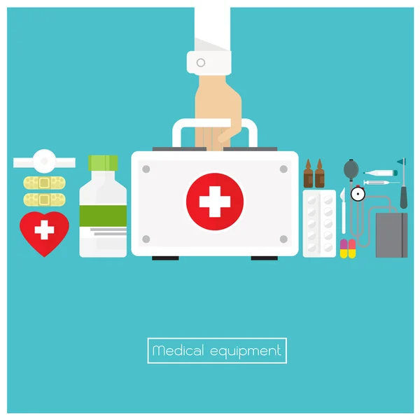 Vektor Medizin Tasche Hilfe Box Blutdruckmessgerät Kapsel Spritze pla — Stockvektor