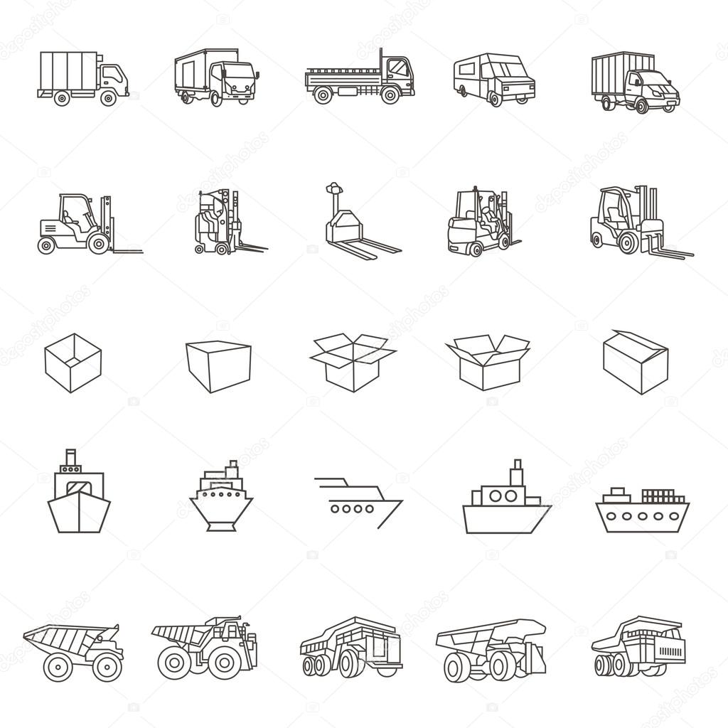 Transport icons: Cars, Ships, Trains, box, vector illustrations,