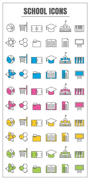 아이콘 학교 선 색상 블랙 블루 핑크 노란색 녹색 벡터 — 스톡 벡터