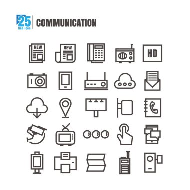 Simgeler iletişim gazete radyo televizyon telefon Check-in fotoğraf makinesi vektör beyaz arka plan üzerinde