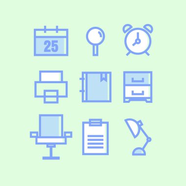 Ofis donatım simgeleri mavi ve yeşil zemin üzerine beyaz