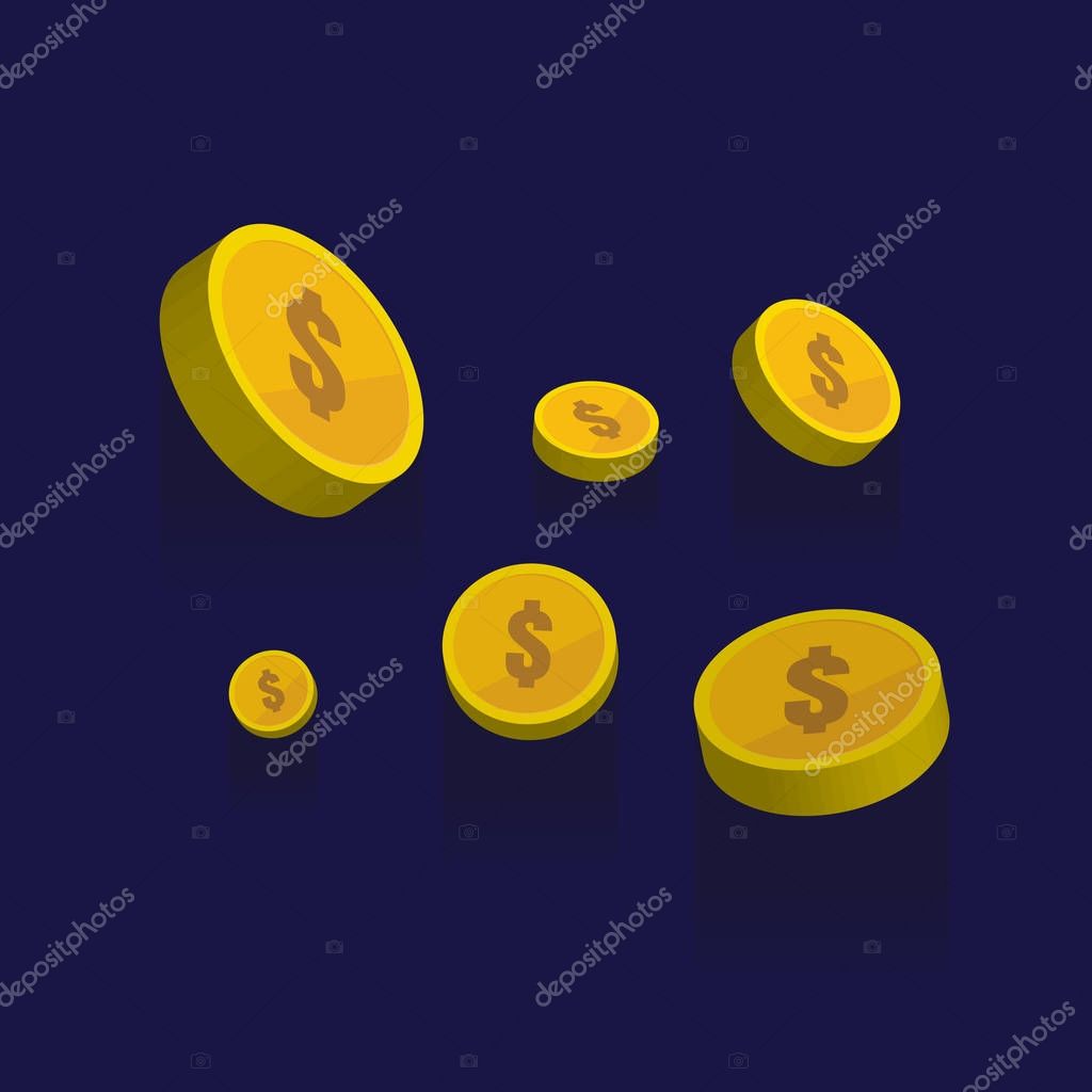 Gold coins vector icons, golden coins stacks and heaps. on blue background. illustration. logo. Symbols