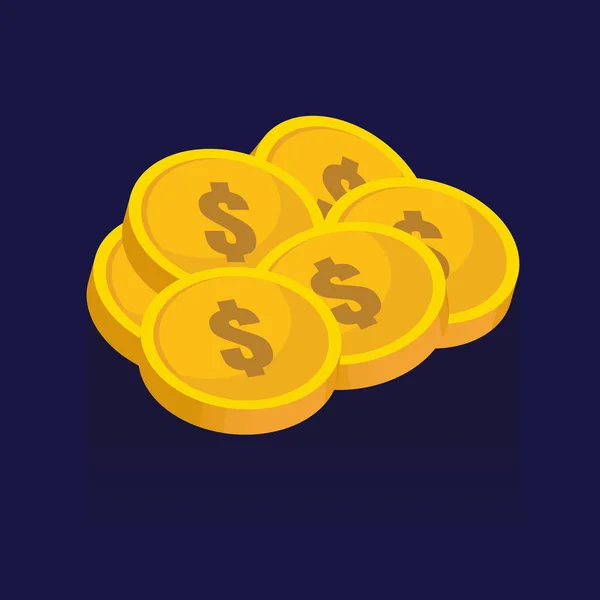 Gold coins vector icons, golden coins stacks and heaps. on blue — Stock Vector