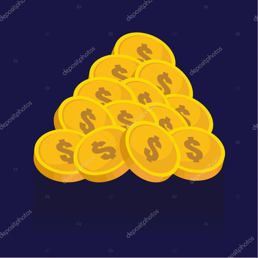 Gold coins vector icons, golden coins stacks and heaps. on blue background. illustration. logo. Symbols