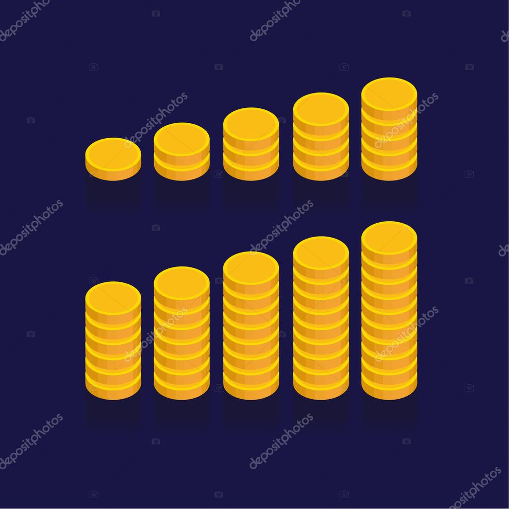 Gold coins vector icons, golden coins stacks and heaps. on blue background. illustration. logo. Symbols