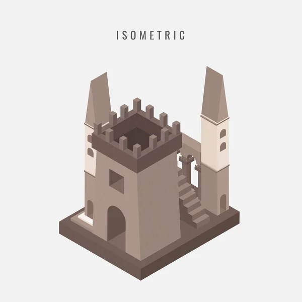 Icono isométrico de la torre de la fortaleza del castillo medieval. Vec — Archivo Imágenes Vectoriales