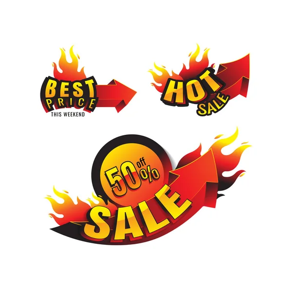 O conjunto de etiquetas queimando desconto 50% e etiquetas para venda quente. b) —  Vetores de Stock