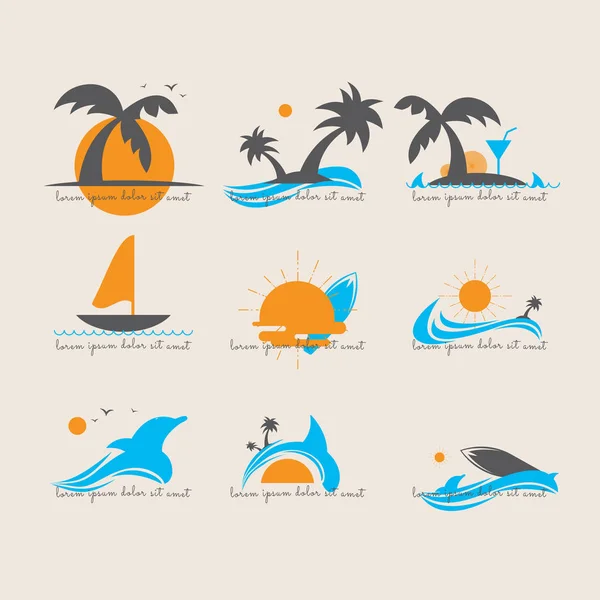 Logo Mar de verão, peixe, palmeiras. papéis de parede. Vector illustrati — Vetor de Stock