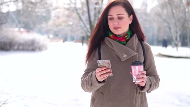 Ein junges Mädchen im Mantel schlendert durch den Winterpark, schreibt eine Nachricht und trinkt Kaffee — Stockvideo