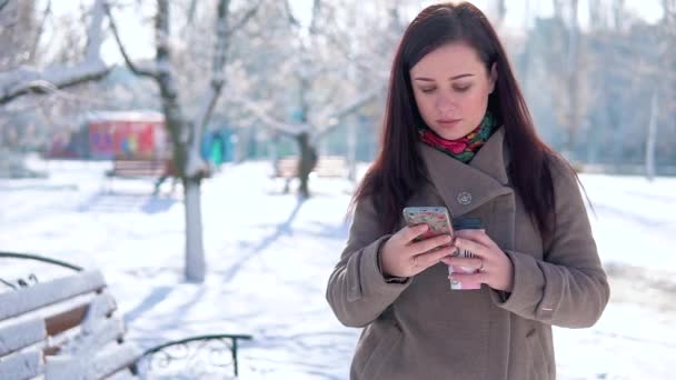 Genç bir kız, bir ceket, kış parktan elini kolunu sallaya dönüyor, bir ileti yazıyor ve kahve içer — Stok video