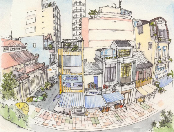 水彩绘画的亚洲街 — 图库照片
