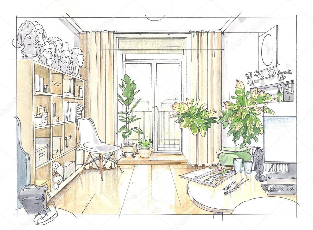 эскиз интерьера с комнатными растениями. набросок интерьера комнаты. рисунок комнаты с цветами. комната с цветами рисунок. интерьер рисунок.