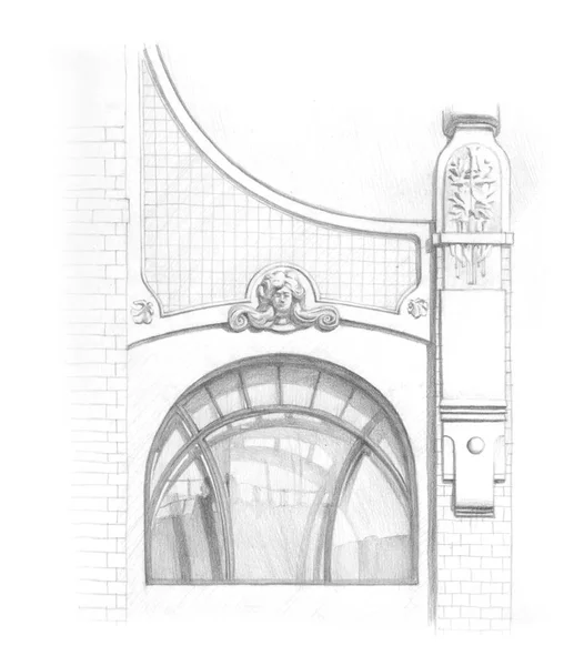 Desenho de lápis de uma fachada com janela — Fotografia de Stock