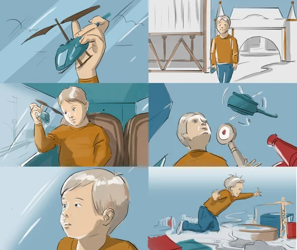 Storyboard with a little boy playing a helicopter — Stock Photo, Image