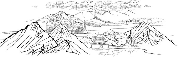 Maisema vuorilla, dyynit, kiinalainen seinä, shinai rumpu torni — kuvapankkivalokuva