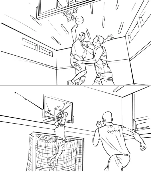 Storyboard of two men playing basketball
