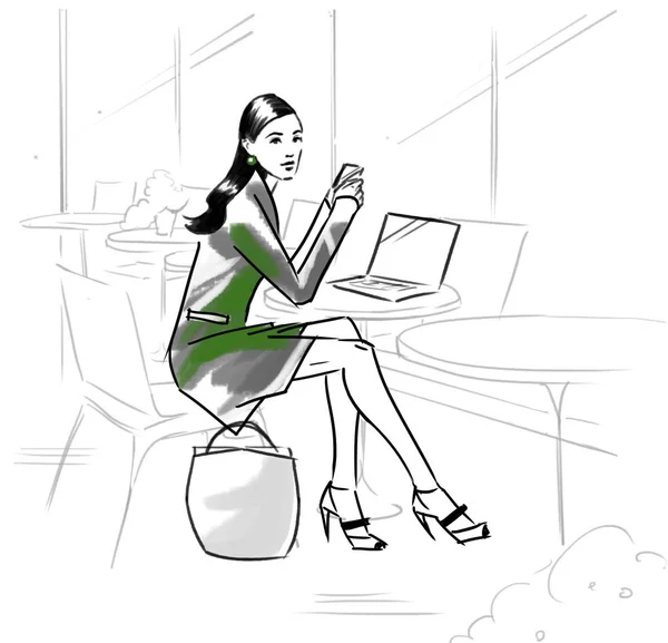 Fashion illustration av en flicka i ett café — Stockfoto