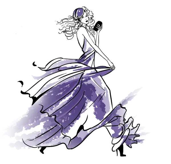 Bir kız walkig uzun elbise moda çizimi — Stok fotoğraf