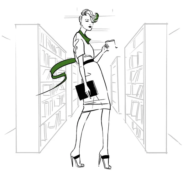 Fashion illustration av en flicka i ett bibliotek — Stockfoto