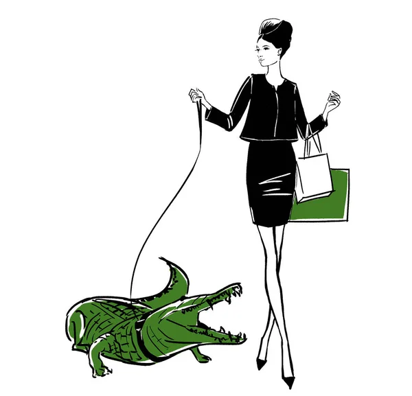 Módní ilustrace dívky s krokodýl Stock Snímky