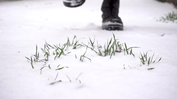 Frontansicht Eines Mannes Mit Kampfstiefeln Tritt Kraftvoll Zeitlupe Auf Schnee — Stockvideo