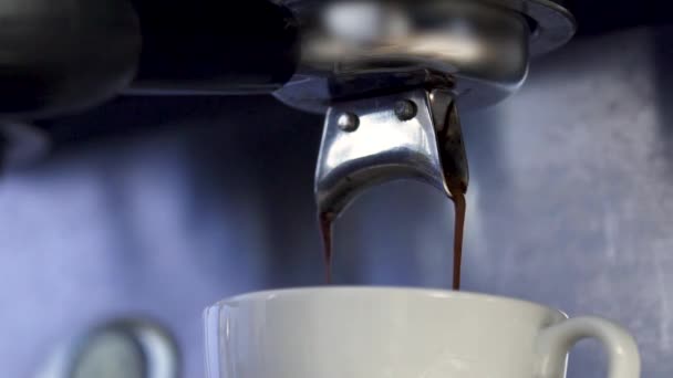 Низкая Angle Macro Closure Shot of coffee stream from Filter Holder — стоковое видео