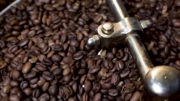 Geröstete Kaffeebohnen zum Abkühlen auf Kühltablett gelassen, gemischt — Stockvideo