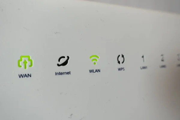 Extreme Closeup Shot Green Lights Connection Internet Modem — Stock Photo, Image