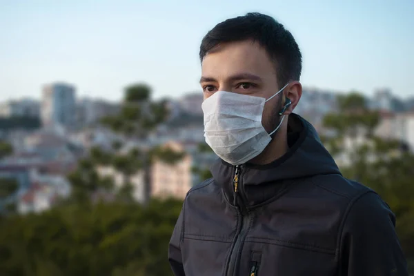 Isolated Young Man Wearing Mask Protect Himself Corona Virus Looks — Stock Photo, Image