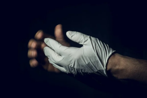 Closeup Shot Senior Man Wearing Medical Gloves — Stock Photo, Image