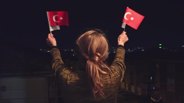 Turkish Woman Waving Turkish Flags Night Celebrating April National Sovereignty — Stock Video