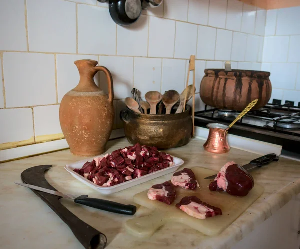 Shot Authentic Kitchen Historical Tools Background Liver Meat — Stock Photo, Image