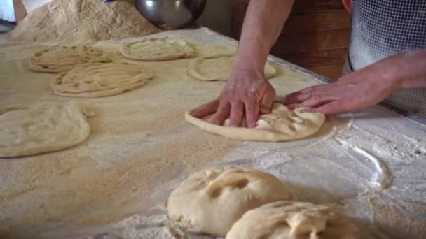 Close Shot Turkish Muslim Baker Male Rolling Out Dough Make — Stock Video