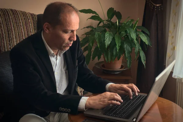 Smart clothed intelligent and expert senior adult man teleworking from home writes essay from his laptop while sitting on his armchair with plant on background sideview looking serious